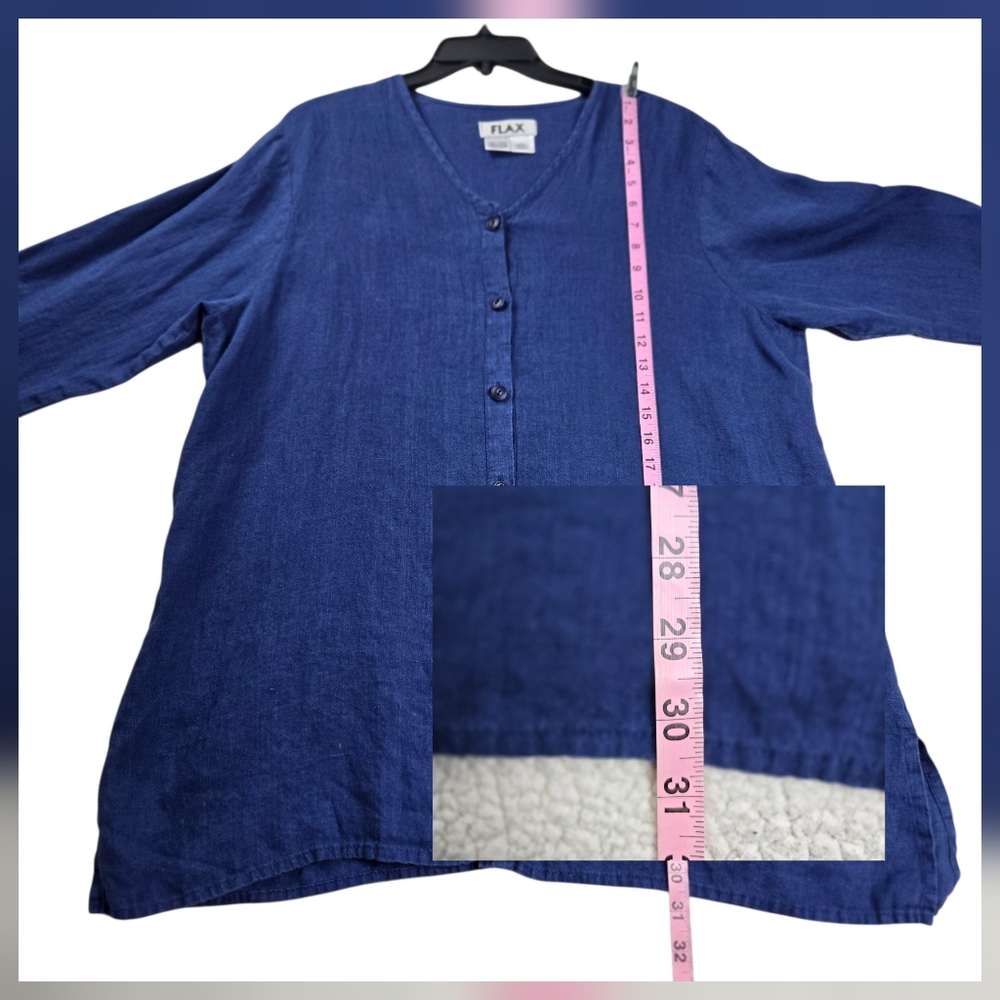 FLAX Medium Blue 100% Linen‎ V-Neck Button-Front Long Oversized Tunic Top - Picture 11 of 16